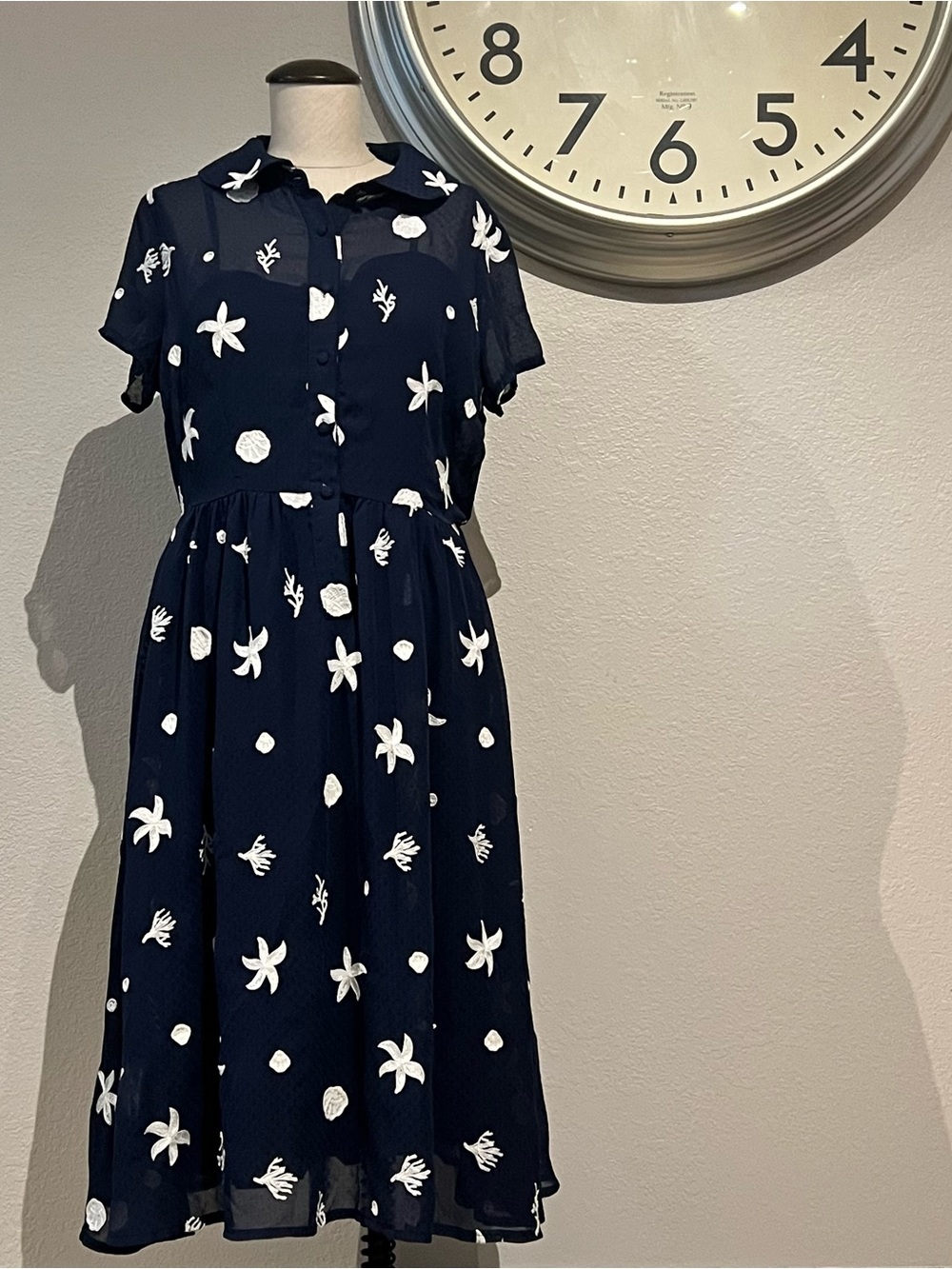 Voodoo Vixen Navy Blue Dress with White  Ocean Embroidery